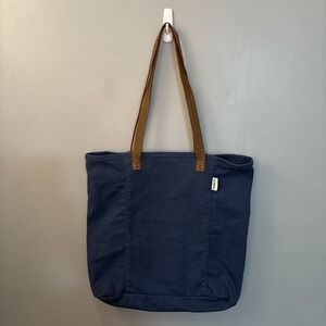 LL Bean Navy Leather-Handle Essential Canvas Tote Bag Shopping Beach